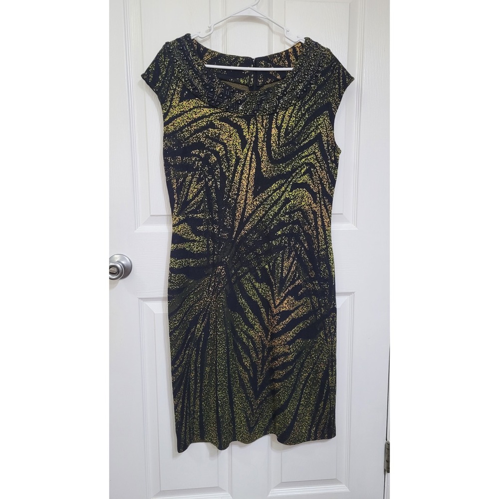 St. John Collection Beaded Neck Abstract Knit Sheath Dress Evergreen 14 NWT